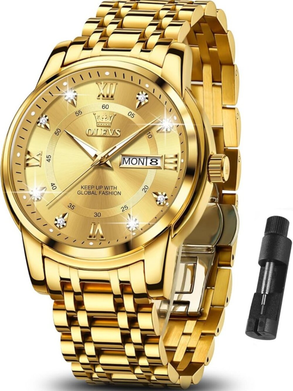 Luxury Men's Big Face Stainless Steel Gold Watch with Day Date Feature